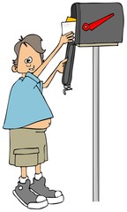 Illustration of a small boy reaching up to get letters from a rural mailbox.