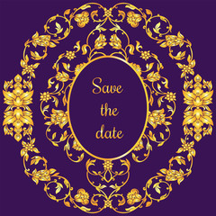 Floral decorated invitation card with antique, luxury violet and gold vintage ornament, victorian banner, damask baroque style booklet, fashion pattern, template for design