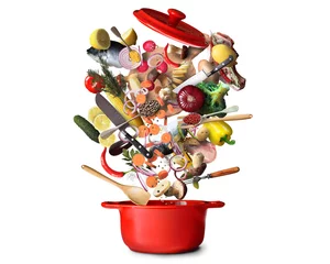 Poster Légumes Grand pot rouge avec des légumes et de la viande