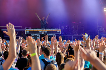 Crowd of fans cheering at open air live music festival
