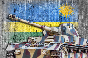 Fototapeta na wymiar Military tank with concrete Rwanda flag