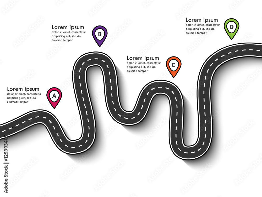 Poster road trip and journey route. business and journey infographic design template with pin pointer and p