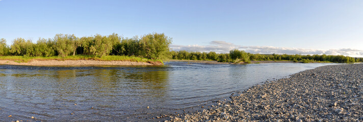 Panoramic river landscape in the polar Urals.