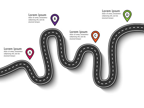 Road trip and Journey route. Business and Journey Infographic Design Template with pin pointer and place for your data. Winding roads. Modern flat design thin line infographic. Vector EPS 10