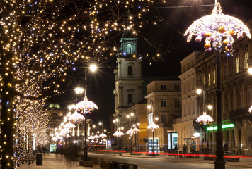 night city lights in old town Warsaw, Poland. Christmas