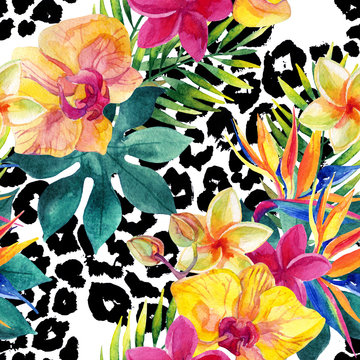 Tropical watercolor flowers and leaves on animal print