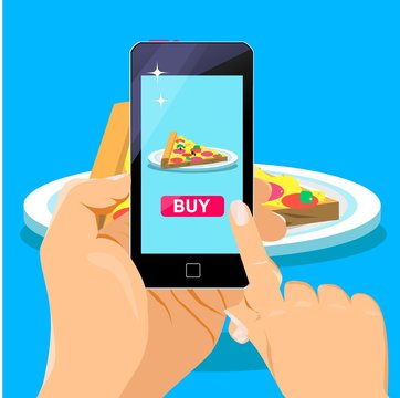 Hand holding smartphone with pizza on the screen. Order fast food concept. Flat vector illustration.