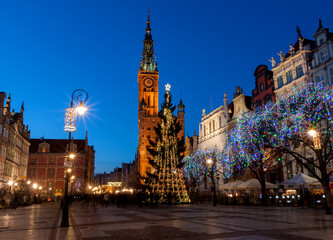 Fototapeta na wymiar Old town of Gdanks with Christmas tree, Poland