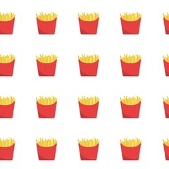 French fries seamless pattern. There is red boxes of fried potato on a white background in the picture. Vector illustration
