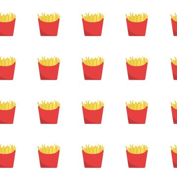 French fries seamless pattern. There is red boxes of fried potato on a white background in the picture. Vector illustration