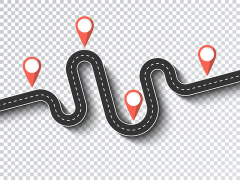 Road trip and Journey route. Business and Journey Infographic Flat Design Template with pin pointer. Winding road on a transparent background. Stylish streamers. Vector EPS 10