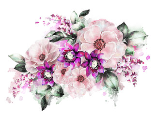 watercolor flowers. floral illustration, flower in Pastel colors, pink rose. branch of flowers isolated on white background. Leaf and buds. Cute composition for wedding or greeting card. Splash paint