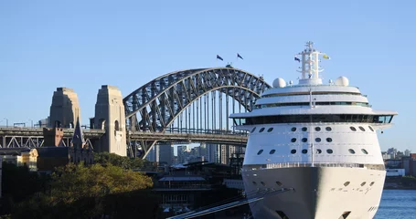 Kussenhoes Sydney Harbour Bridge en een cruiseschip in Sydney, Australië © Rafael Ben-Ari