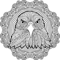 Coloring page for adults. Stern eagle on a background of a circular mandala pattern.
