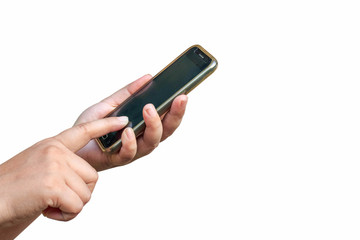 Close-up of female hands using a smart phone,isolated on white