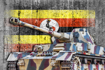 Military tank with concrete Uganda flag