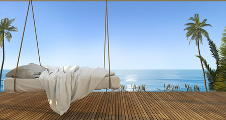 3d rendering beautiful hanging bed on terrace near beach and sea with nice sky view and palm tree in hawaii in summer vacation