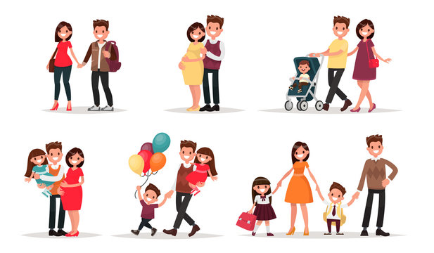 Set of characters showing the stages of development of the famil