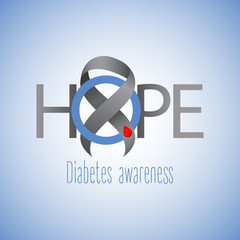 Gray ribbon. Blood drop. Blue circle. Symbol of as symbol and fight against diabetes. Medical illustration. Health care