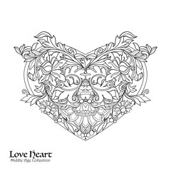 Decorative Love Heart with floral decorative vintage pattern. Coloring book for adult. Outline drawing coloring page.