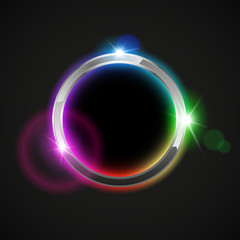 Shiny chrome metal ring with colored light effect, abstract vector background