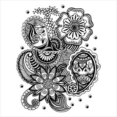 Hand drawn floral zentangle on white background