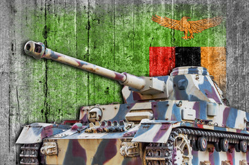 Military tank with concrete Zambia flag
