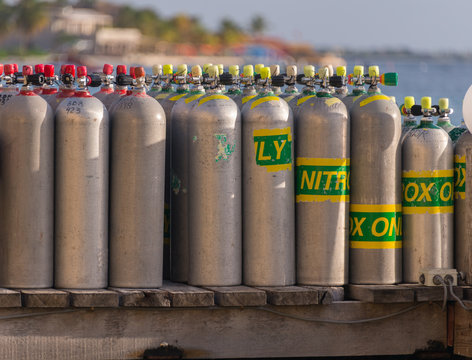 Scuba diving cylinders on the jetty in Bonaire, Netherlands Antilles
