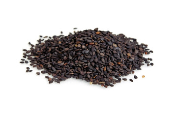 Pile of black sesame seeds isolated on white background