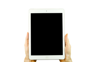 Woman hand holding the white tablet, isolated on white background.