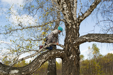 Little girl in the forest climbs a tree