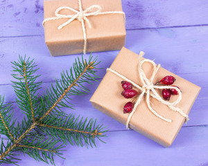 Rustic gift box with kraft paper. Christmas gift.