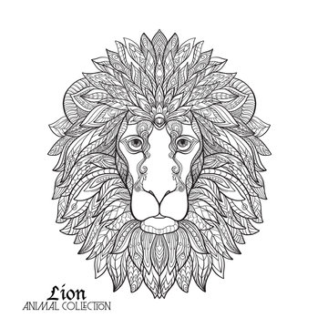 Ethnic patterned ornate hand drawn head of Lion. Black and white