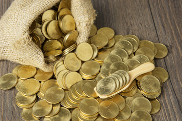 Gold coins in wood spoon with brown sack of coins