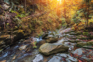 Autumn landscape mountain river with small waterfall and rapids.