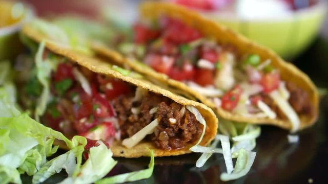 Hard Shells Beef Taco With Salsa Sauce. Popular Mexican Food 