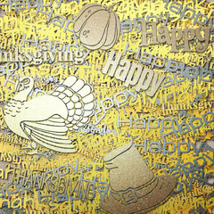 Happy Thanksgiving day, holiday background. Multilayer Pattern with the pilgrim hat, turkey, pumpkin. 3d illustration with texture of gold and silver. Good for print, the wrapping paper.