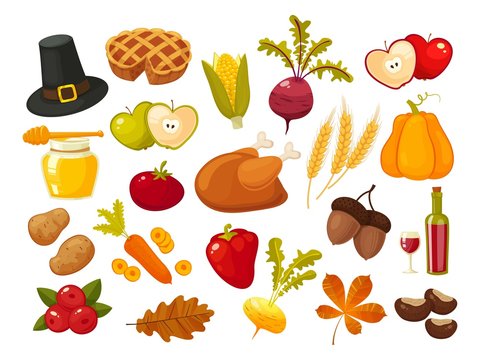 Symbols of thanksgiging day and family traditions elements for holiday design isolated on white background. Retro cartoon style vector illustration