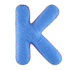 K- letter from blue felt. Collection of colorful handmade English alphabet isolate on white...