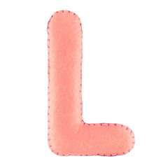 L- letter from pink felt. Collection of colorful handmade English alphabet isolate on white...