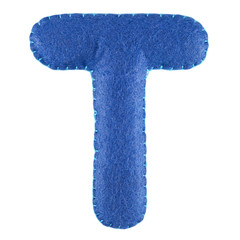 T- letter from blue felt. Collection of colorful handmade English alphabet isolate on white...