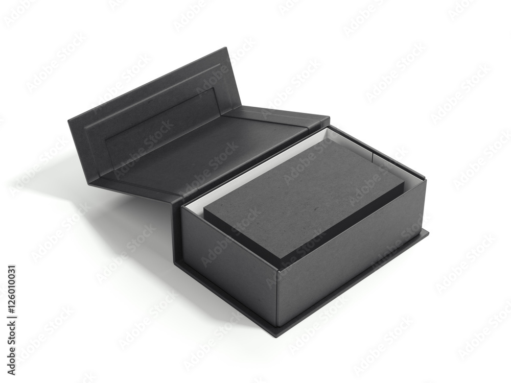 Poster opened black package with stack of business cards. 3d rendering