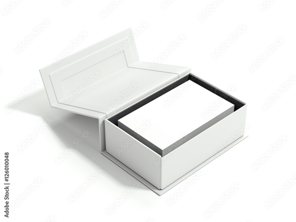 Poster opened white package with stack of business cards. 3d rendering