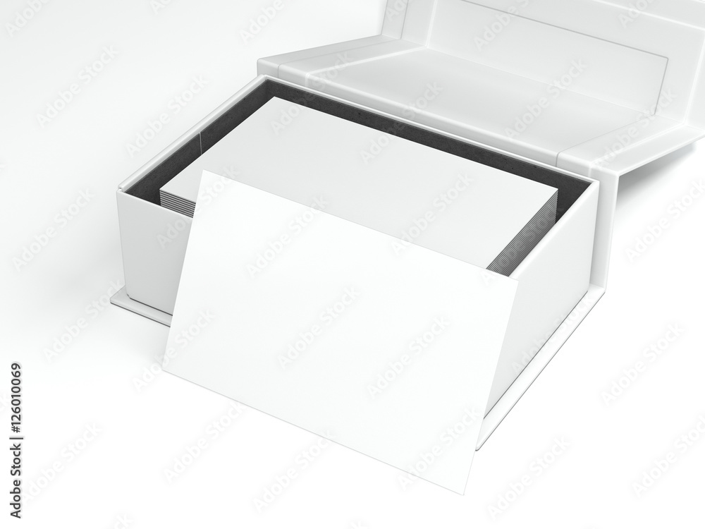 Poster white package with stack of business cards. 3d rendering
