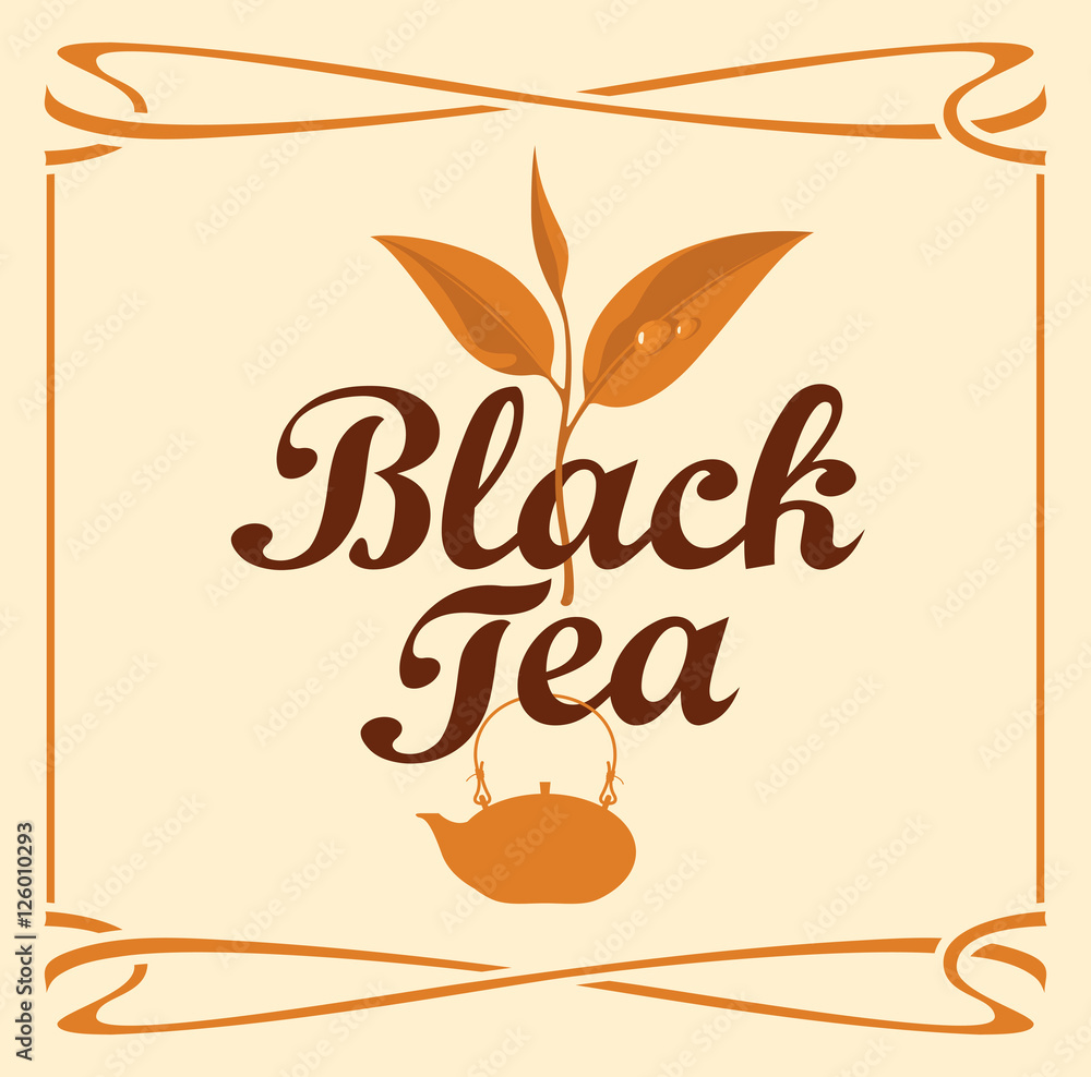 Poster label for black tea with a pattern branch and kettle