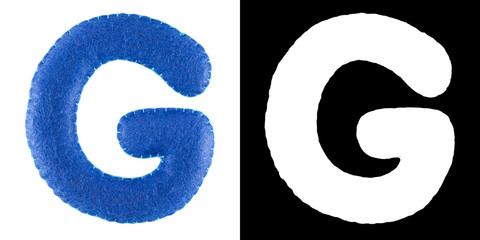 G- letter from blue felt. Collection of colorful handmade English alphabet isolate on white background with alpha mask