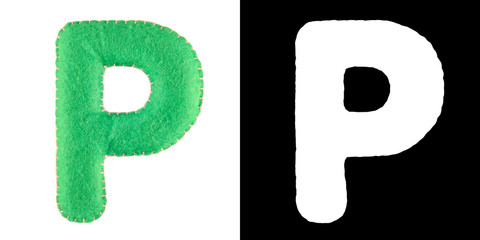 P- letter from green felt. Collection of colorful handmade English alphabet isolate on white background with alpha mask