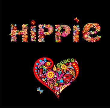 Flower colorful print with hippie lettering and heart flower shape isolated on black background