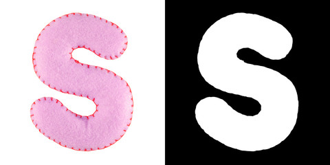 S- letter from purple felt. Collection of colorful handmade English alphabet isolate on white background with alpha mask