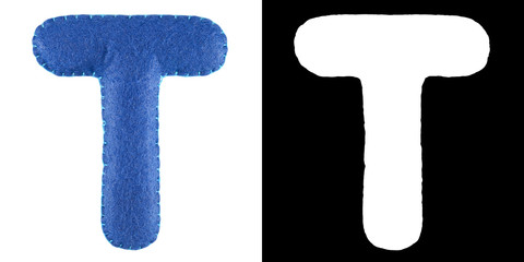 T- letter from blue felt. Collection of colorful handmade English alphabet isolate on white...
